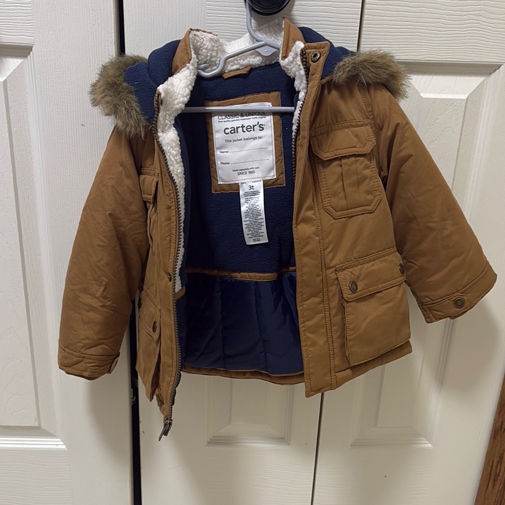 Carter's Brown and Blue Puffer Jacket with Faux Fur Hood